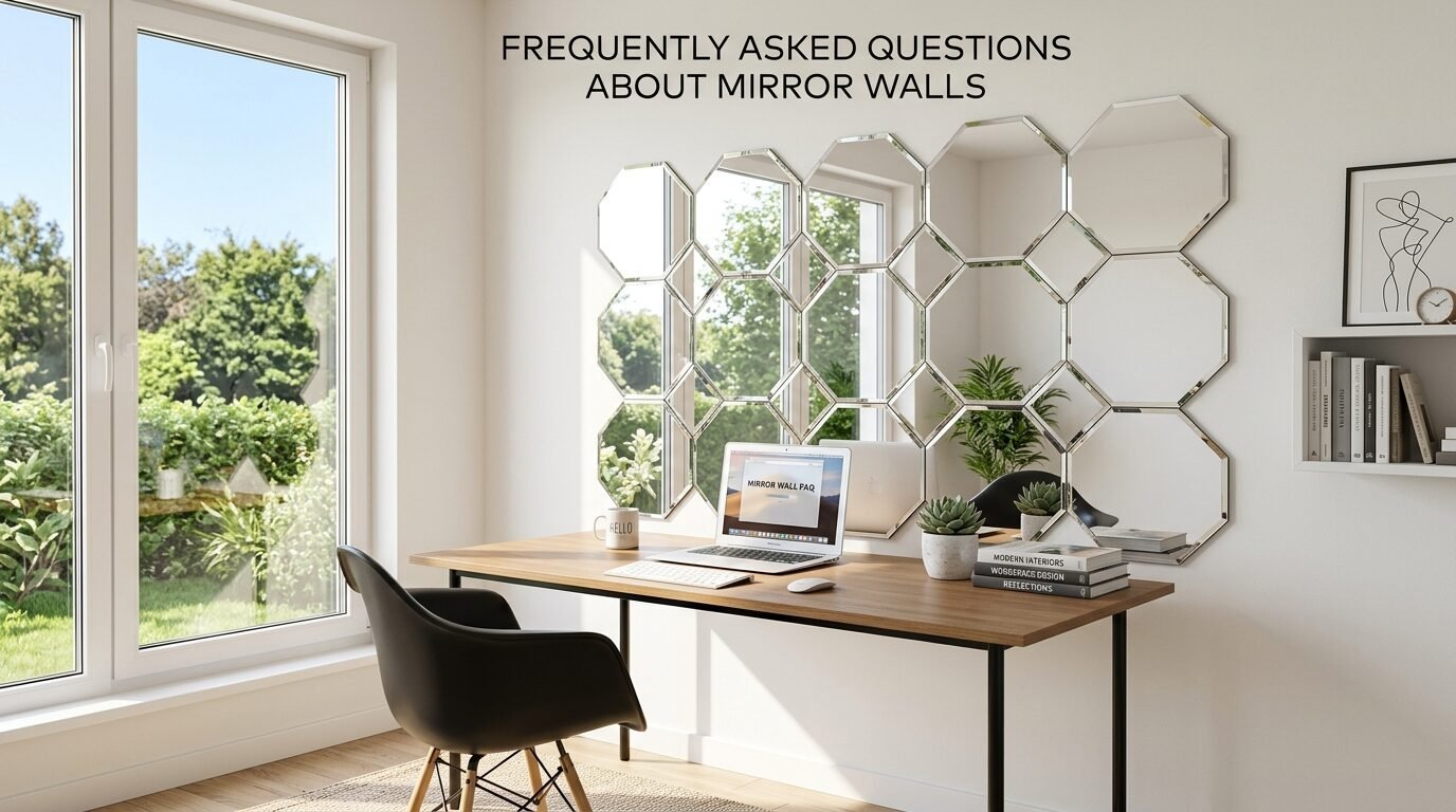 Hexagonal wall mirrors reflecting a sunny window above a modern wooden desk with a laptop and plants.