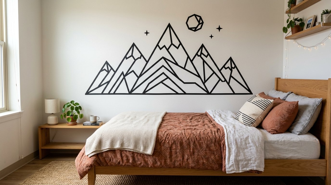 Black line art mountain decal on white bedroom wall with terracotta bedding and wooden furniture.