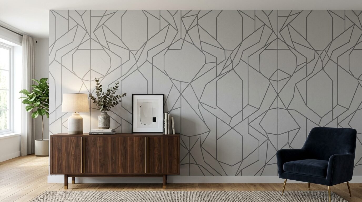 A mid-century wooden cabinet sits in front of a grey wall with sharp, interlocking geometric lines.