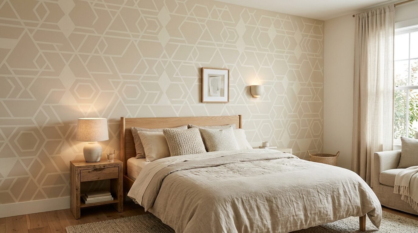 A bedroom with a tan geometric wall, wooden bed frame, linen bedding, and matching bedside table lamp.