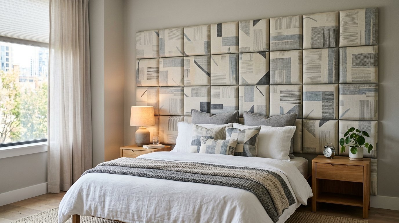 A bed with a large square-tiled headboard featuring blue and grey abstract patterns in a bright bedroom.