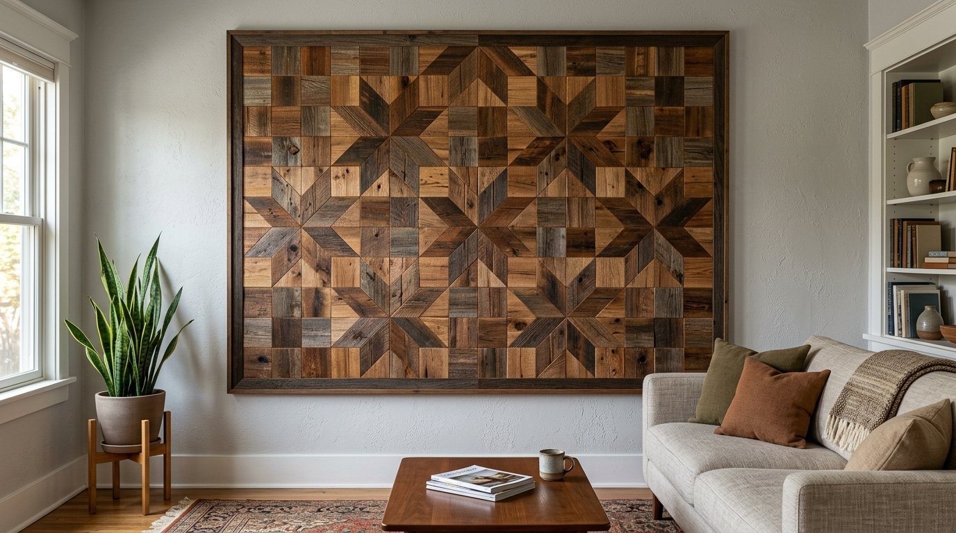 Geometric wooden quilt pattern art made of varied reclaimed boards mounted on a grey wall.