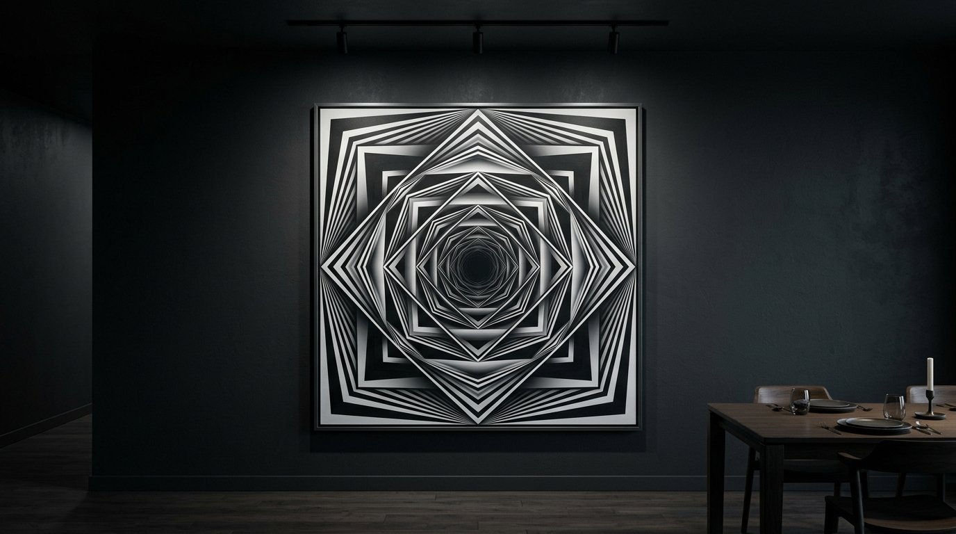 A large framed optical illusion print featuring concentric square shapes hanging in a dark modern dining room.