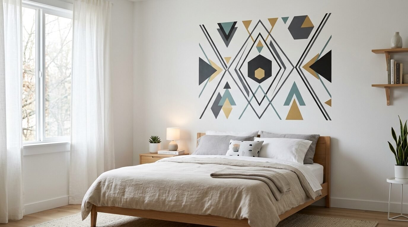A beige wooden bed sits below a large, symmetric geometric wall sticker in shades of teal, gold, and dark grey.