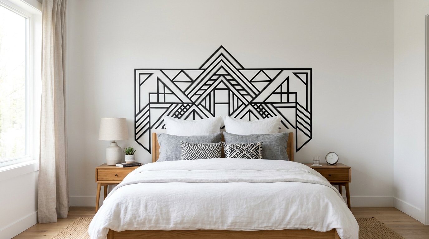 A wooden bed frame accented by an intricate black line art decal on the white wall above it.