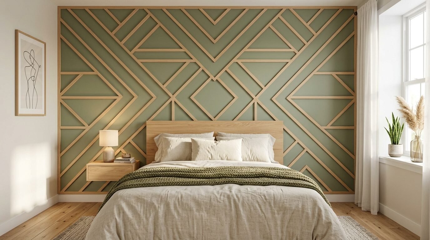 A bedroom wall with sage green paint and a light wood geometric trim pattern behind a bed with a knit olive throw.