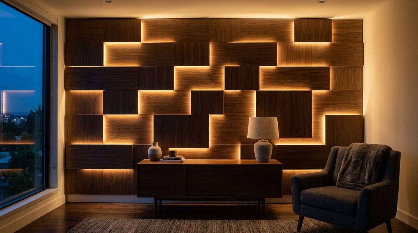 Dark wood accent wall with recessed lighting behind panels and a console table with a lamp and armchair.