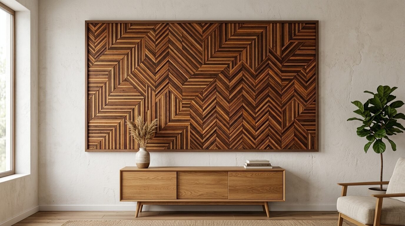 Decorative rectangular wooden wall art with herringbone patterns mounted over a mid-century modern wood sideboard.
