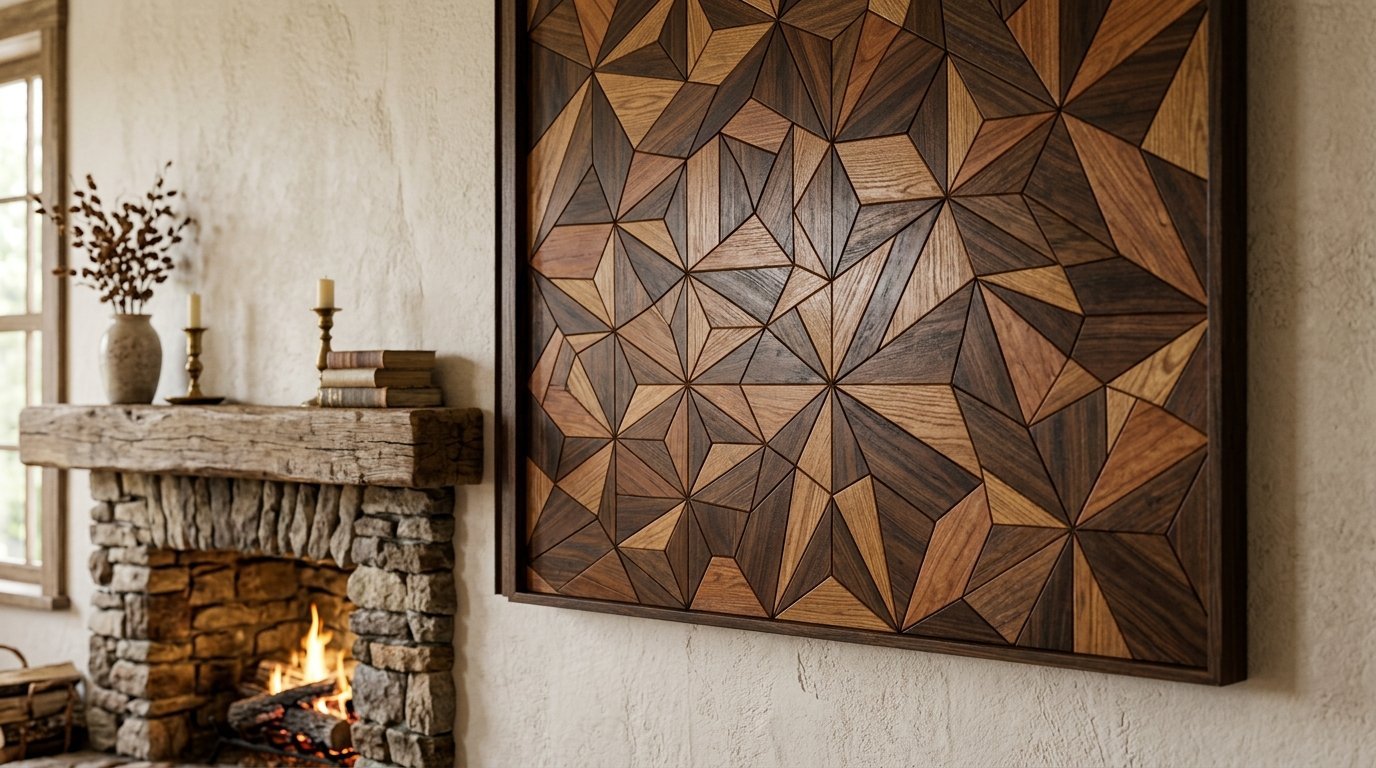 Close up of a triangle pattern wooden mosaic art piece hanging near a cozy fire in a stone hearth.