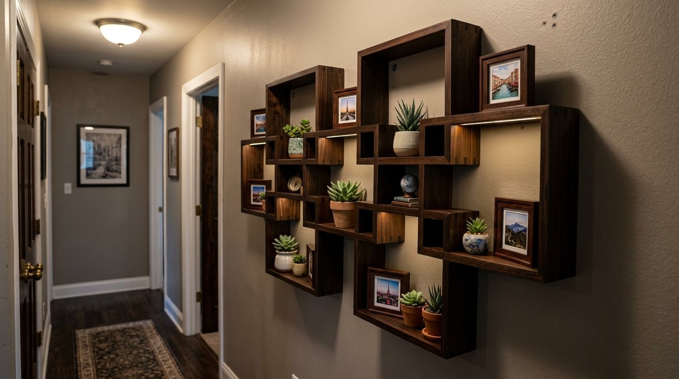 Geometric dark wood wall shelves filled with small potted plants and framed travel photographs in a hallway.