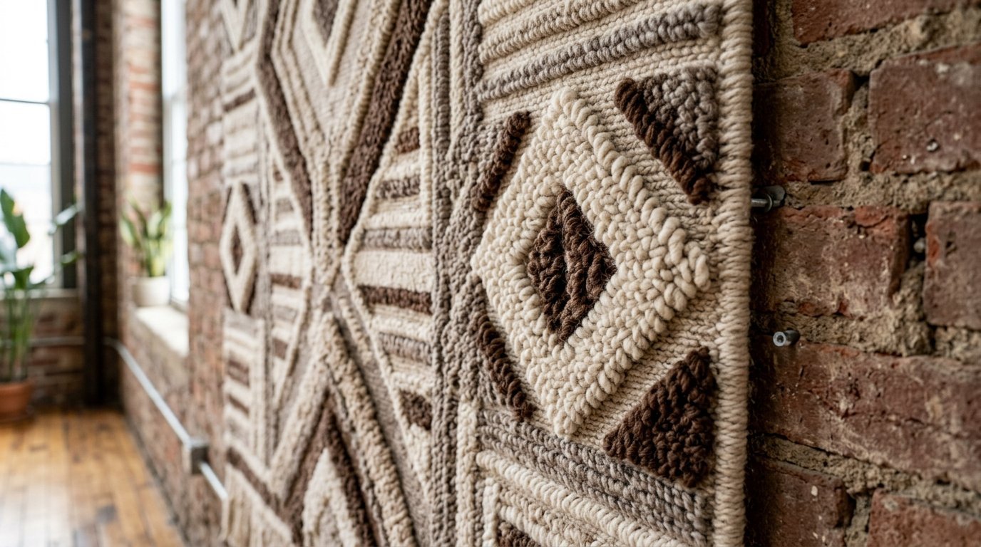 Close up of a cream and brown bohemian fiber art piece with diamond patterns mounted on a vintage brick interior wall.