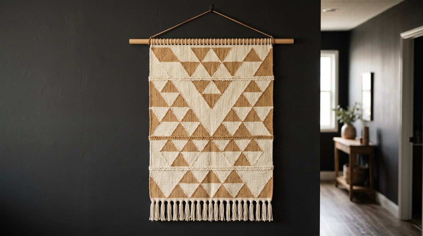 A textile art piece featuring geometric triangles hanging on a dark wall by a wooden rod.