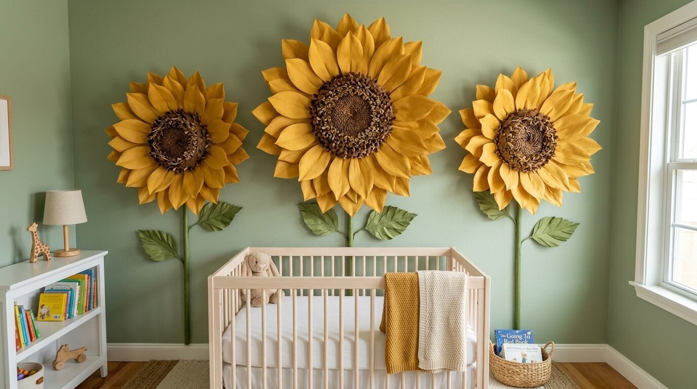 Large 3D sunflower wall art hanging above a wooden baby crib in a sage green bedroom.
