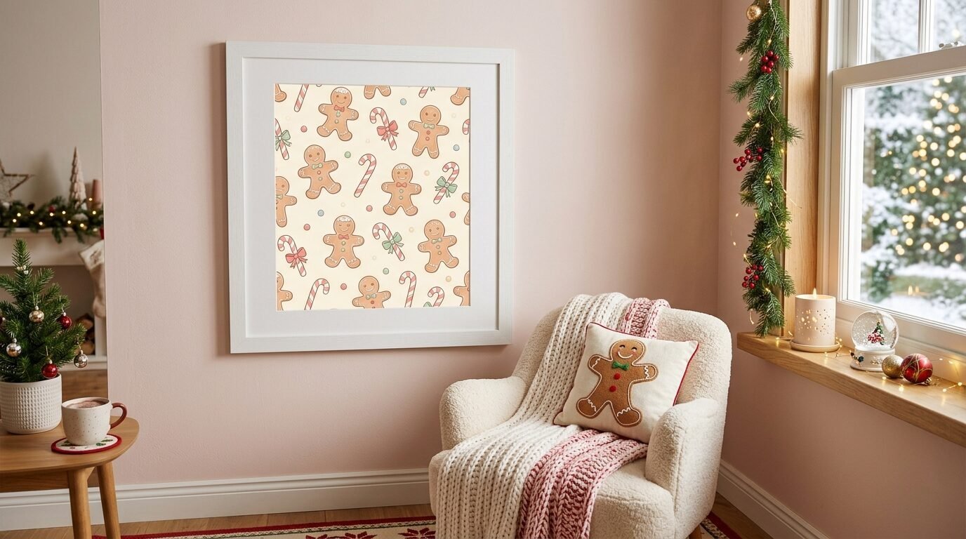 A framed wall art piece featuring a pattern of gingerbread men and candy canes in a cozy holiday-themed room.