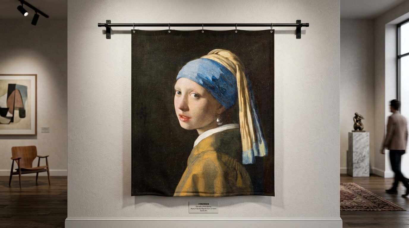 A fabric wall hanging featuring the famous painting Girl with a Pearl Earring displayed in an art gallery.