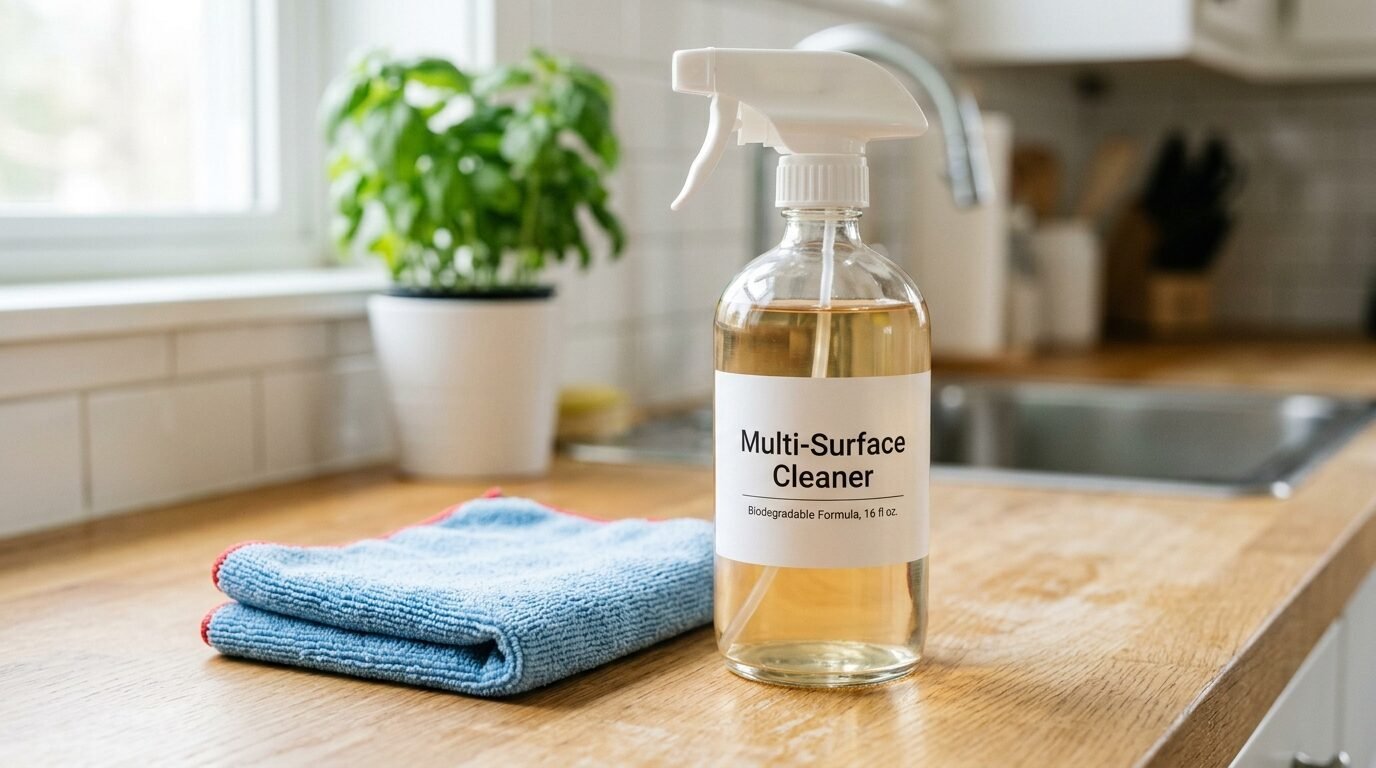 A reusable glass spray bottle with a blue microfiber cloth sitting on a wooden countertop near a potted plant.