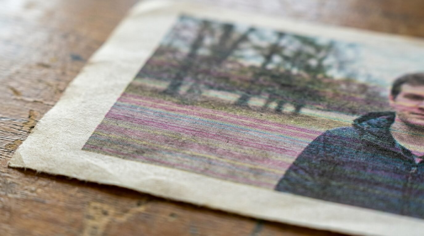 Close-up of a photograph printed on textured fiber paper showing a person with distorted horizontal color lines.