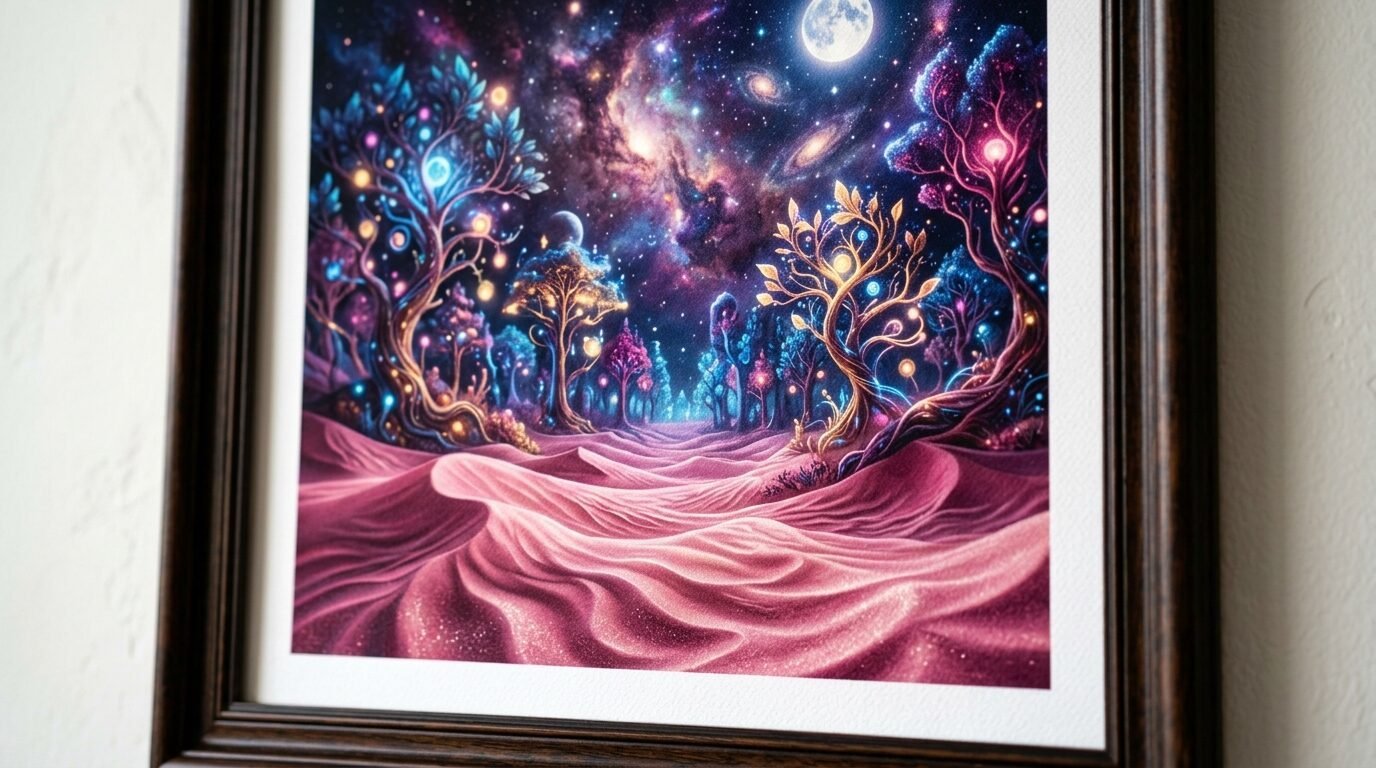 A framed digital painting of a glowing alien woodland with pink dunes under a starry nebula sky.