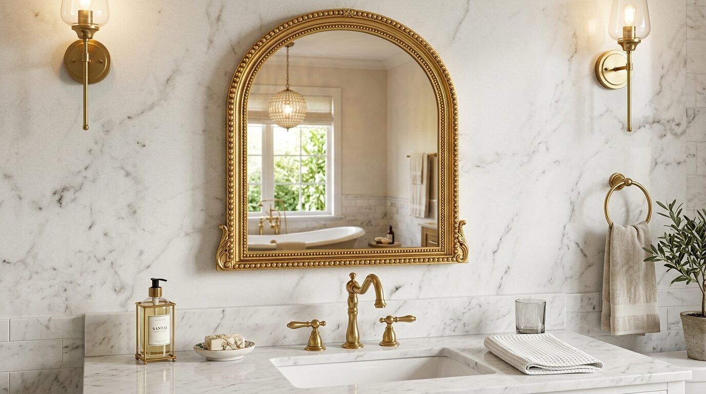 A beaded gold arched mirror hangs on a white marble wall above a bathroom sink with brass fixtures.