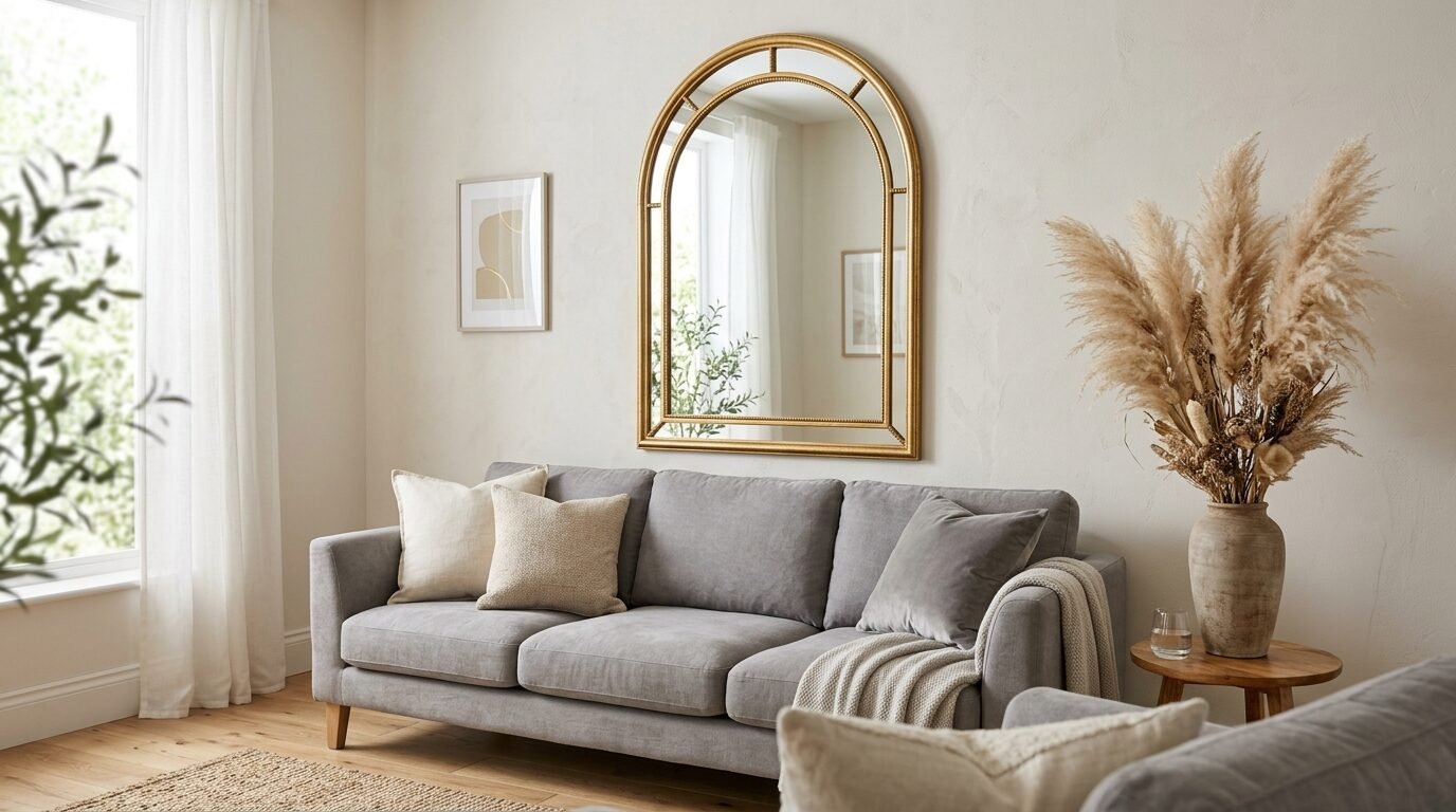 A beige living room featuring a grey couch, tall pampas grass in a vase, and a classic arched gold wall mirror.