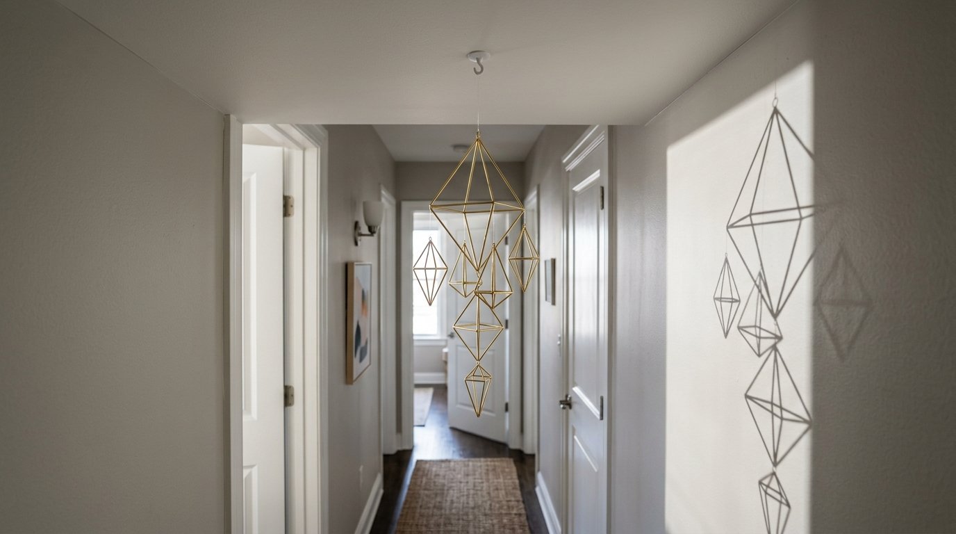 A brass wire sculpture hangs from a ceiling hook, casting sharp geometric shadows on the wall of a hallway.