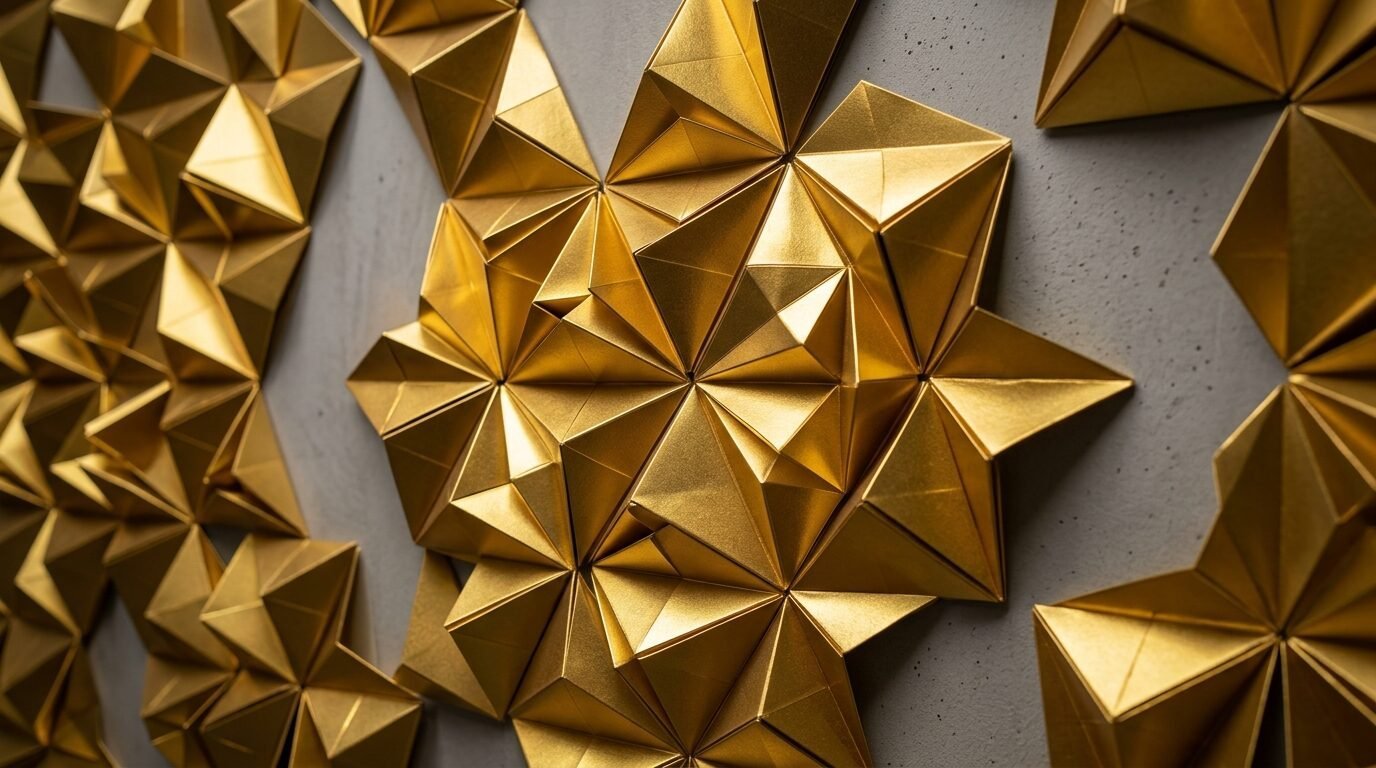 Metallic gold 3D triangular patterns arranged in a star-like structure on a grey concrete background.