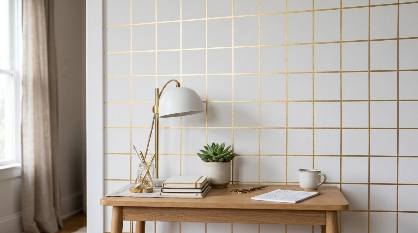 A small wooden desk with a lamp, succulent, and notebook set against a white wall with gold tape grid lines.