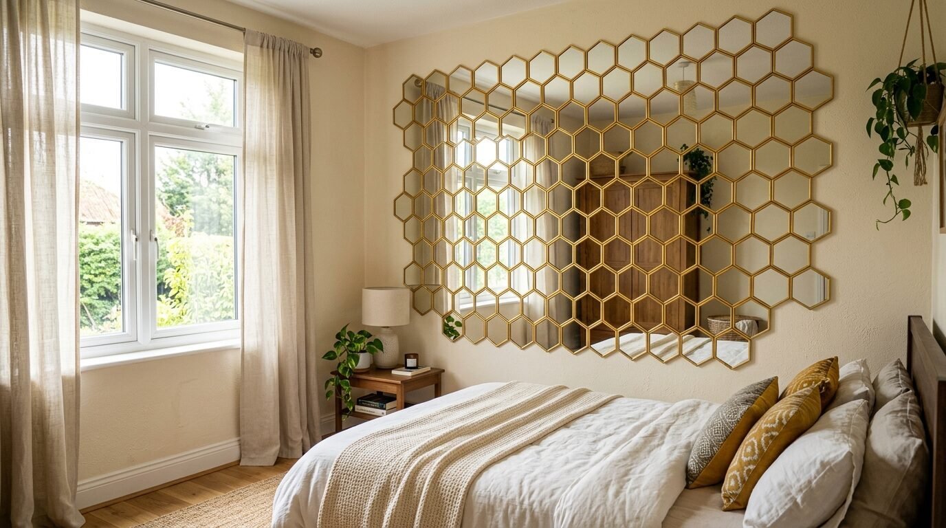 A bedroom wall featuring a large gold honeycomb-shaped mirror arrangement above a bed with beige linens.
