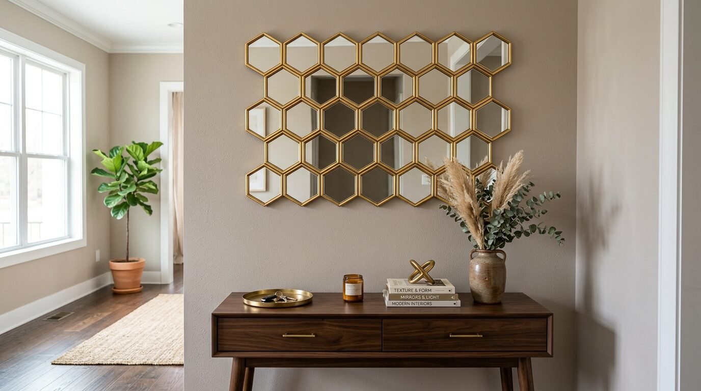 A hexagonal gold mirror arrangement mounted on a beige wall over a dark wood entryway table with decor.