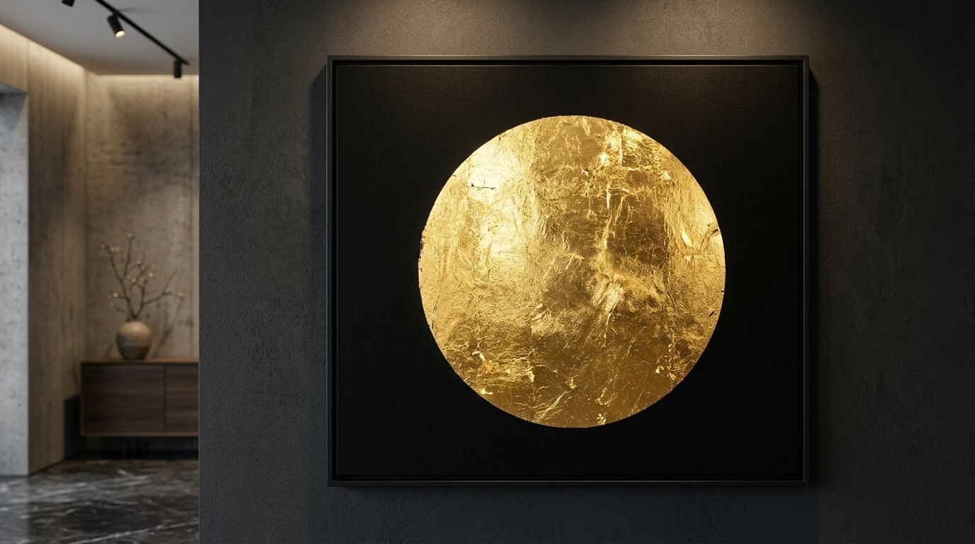 A square black frame containing a large, shimmering gold leaf circle mounted on a dark grey interior wall.