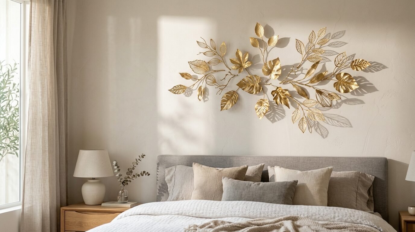 Intricate gold metal leaves mounted on a bedroom wall above a grey upholstered headboard with neutral pillows.