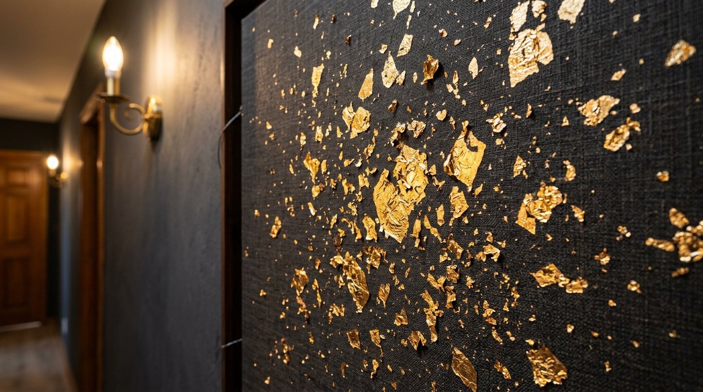 Close up of an artistic black textured wall panel decorated with scattered gold leaf pieces in a dimly lit hallway.