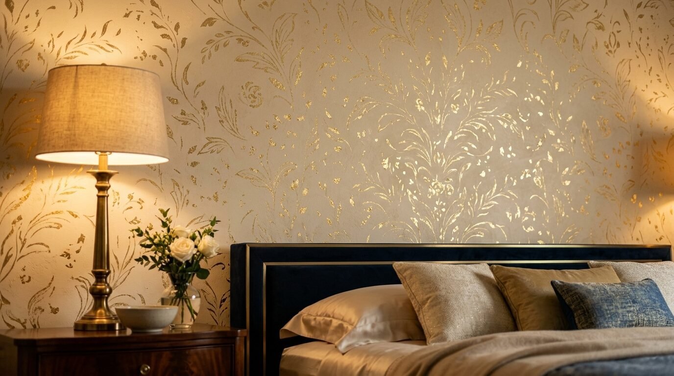 A close-up of a luxurious bedroom with metallic gold leaf floral wallpaper, a lamp, and a dark blue velvet headboard.