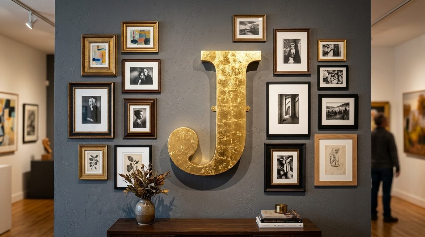 A gallery wall featuring a central golden J sculpture surrounded by assorted framed photographs and art prints.