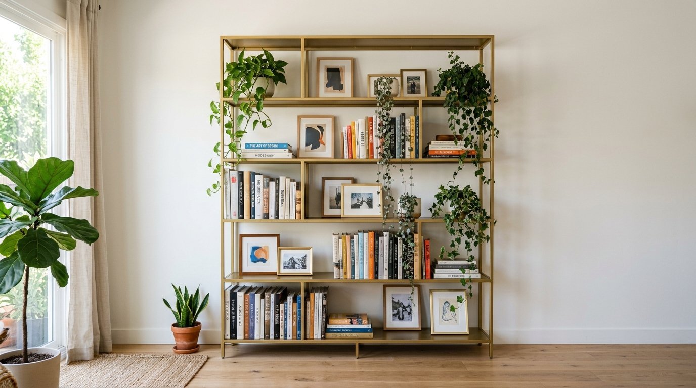 Modern gold bookshelf featuring curated books, framed art prints, and cascading green house plants.