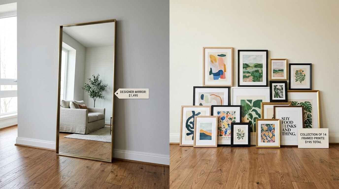 A tall gold mirror reflecting a cozy room sitting next to a collection of fourteen framed art prints on a wood floor.