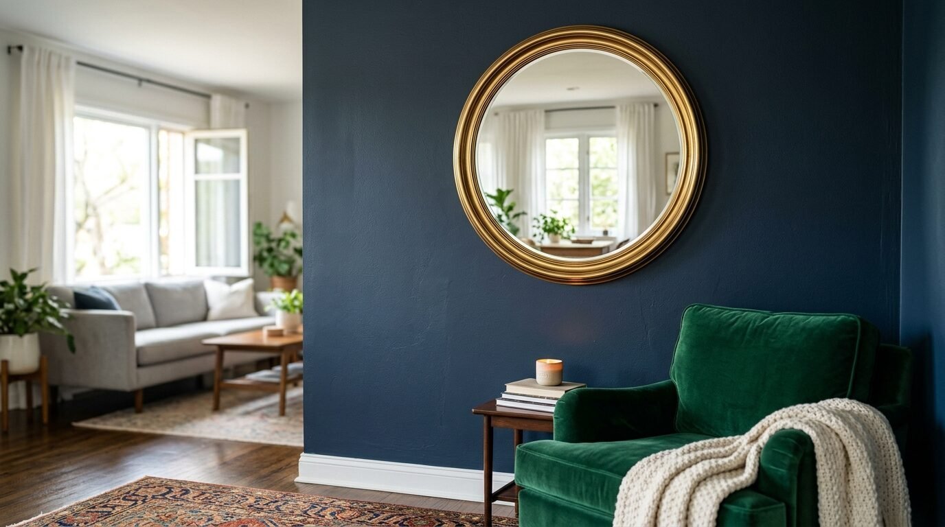 Round gold-framed mirror hanging above a velvet green armchair in a stylish living room interior.