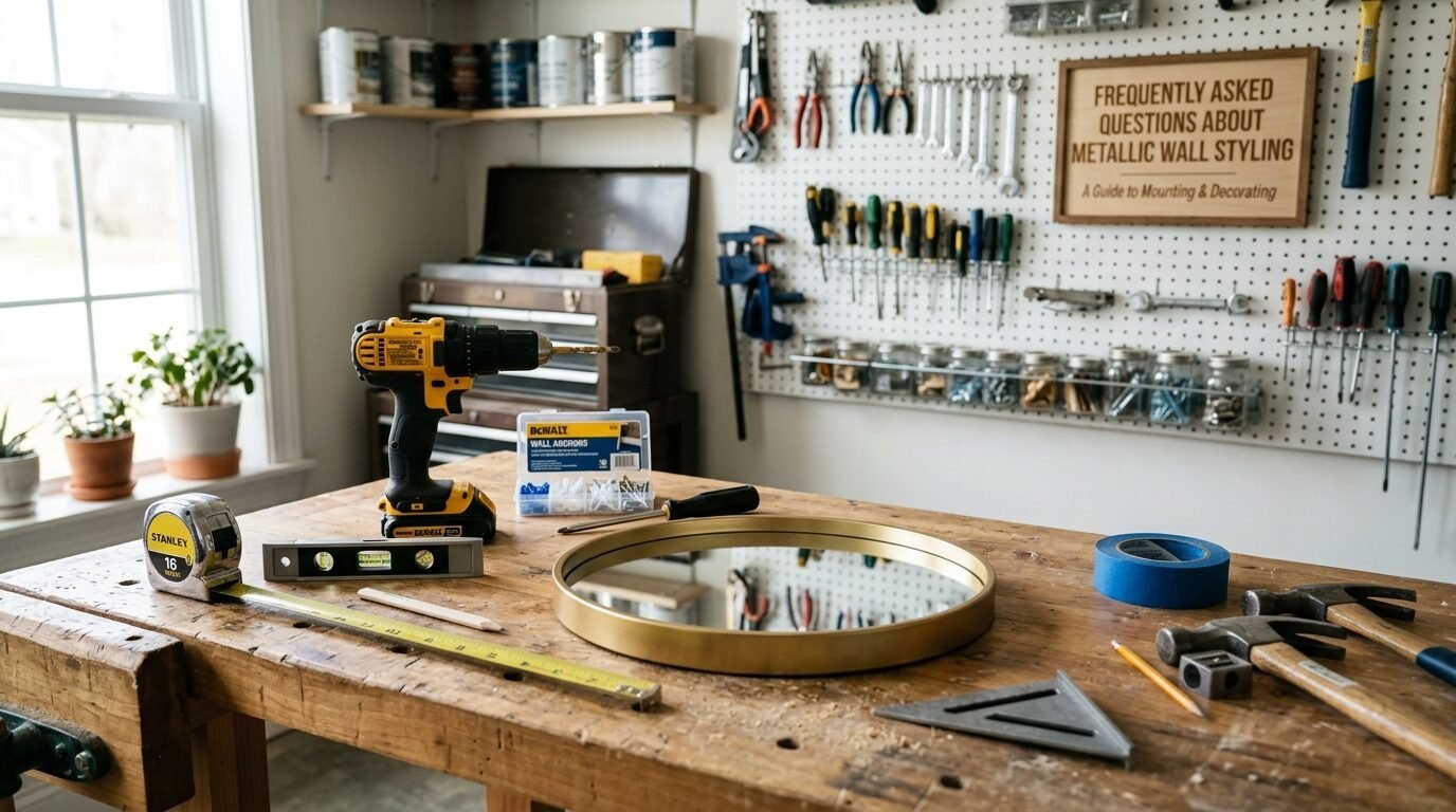 Round gold mirror frame placed on a messy workbench with a drill, measuring tape, and various hand tools.