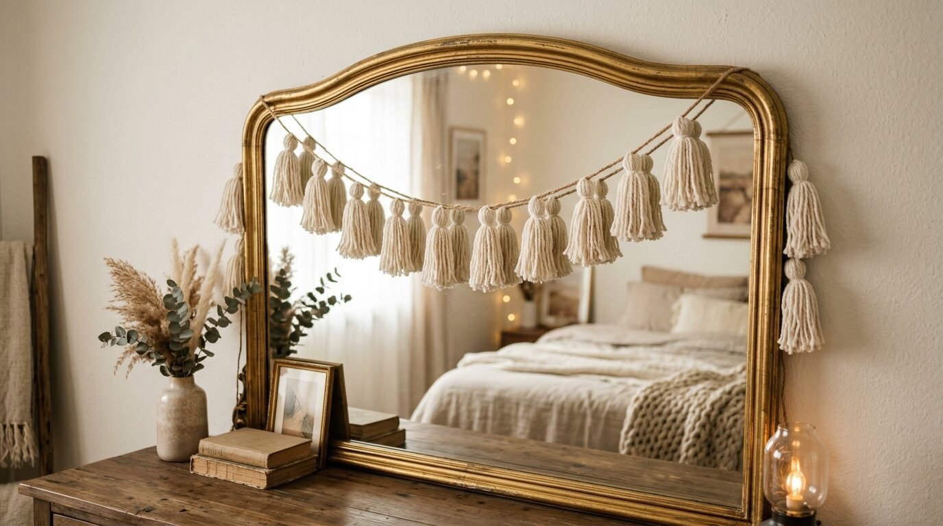 Vintage gold arched mirror featuring a macrame tassel banner in a cozy bedroom setting.