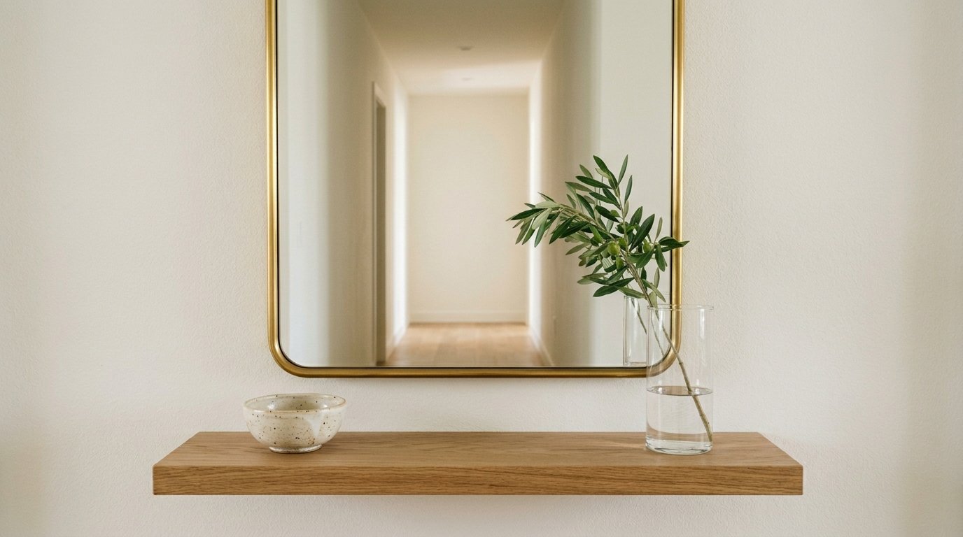 A gold-framed mirror hangs above a floating oak shelf holding a ceramic bowl and an olive branch in a glass vase.