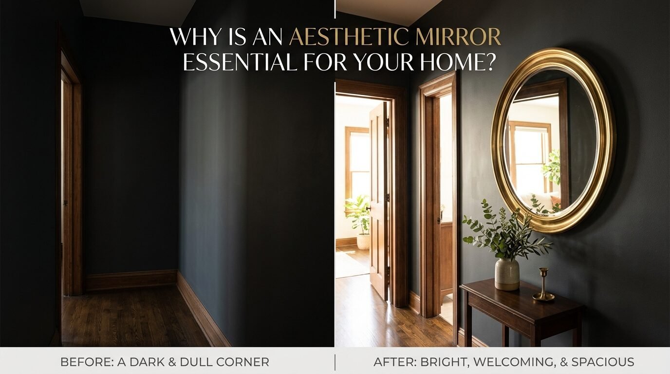 Split view showing a dull dark corner versus a bright hallway styled with a gold oval mirror and wooden console.