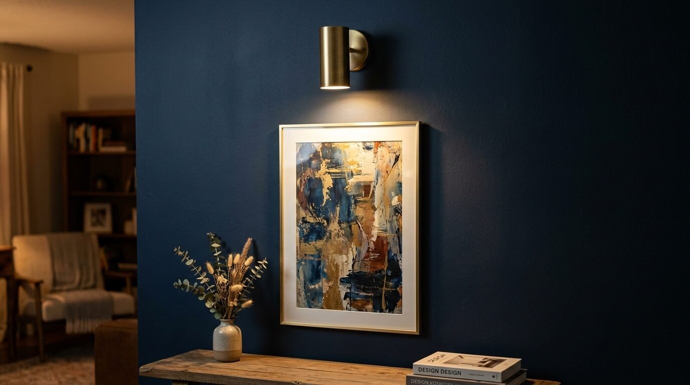 A brass wall light shines down onto a framed abstract art piece hanging on a dark blue wall above a wooden table.