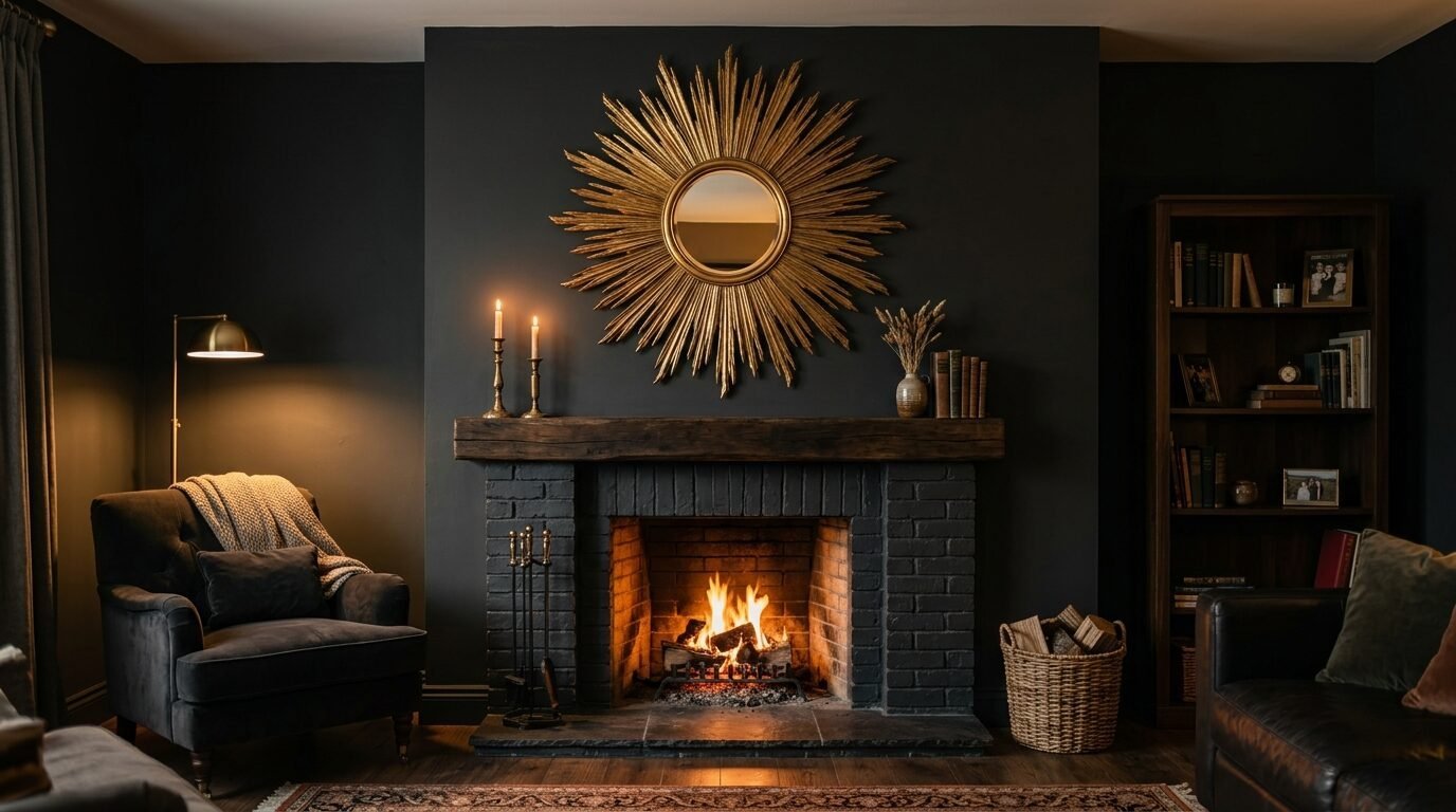 A warm, lit fireplace with a gold sunburst mirror on a dark wall in a moody living room.