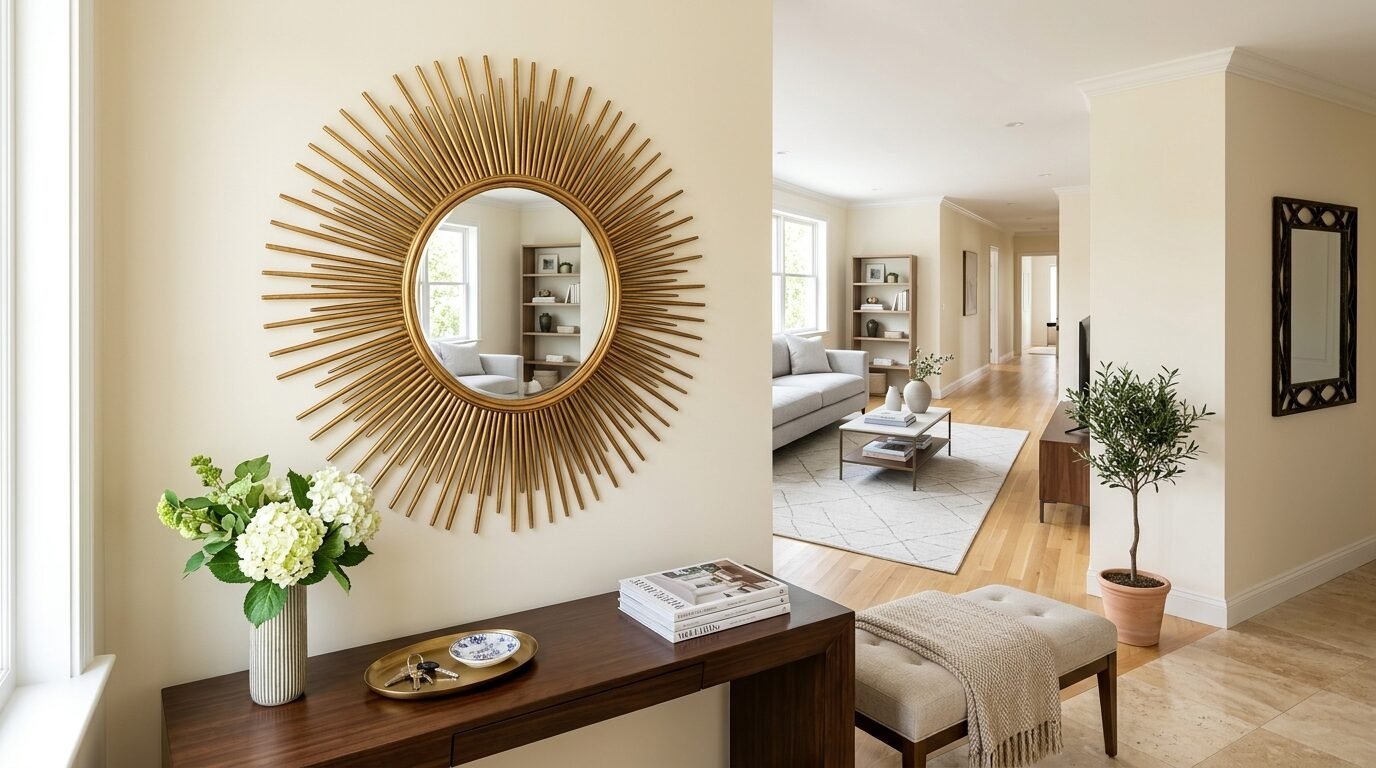 Round gold starburst mirror mounted on a beige wall in a bright home entryway.