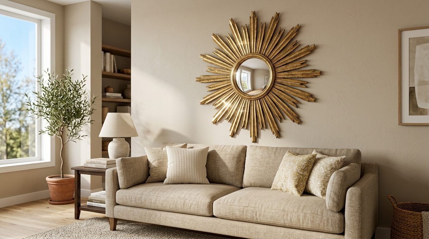 Decorative sunburst mirror with gold rays hanging on a beige wall behind a light tan sofa.