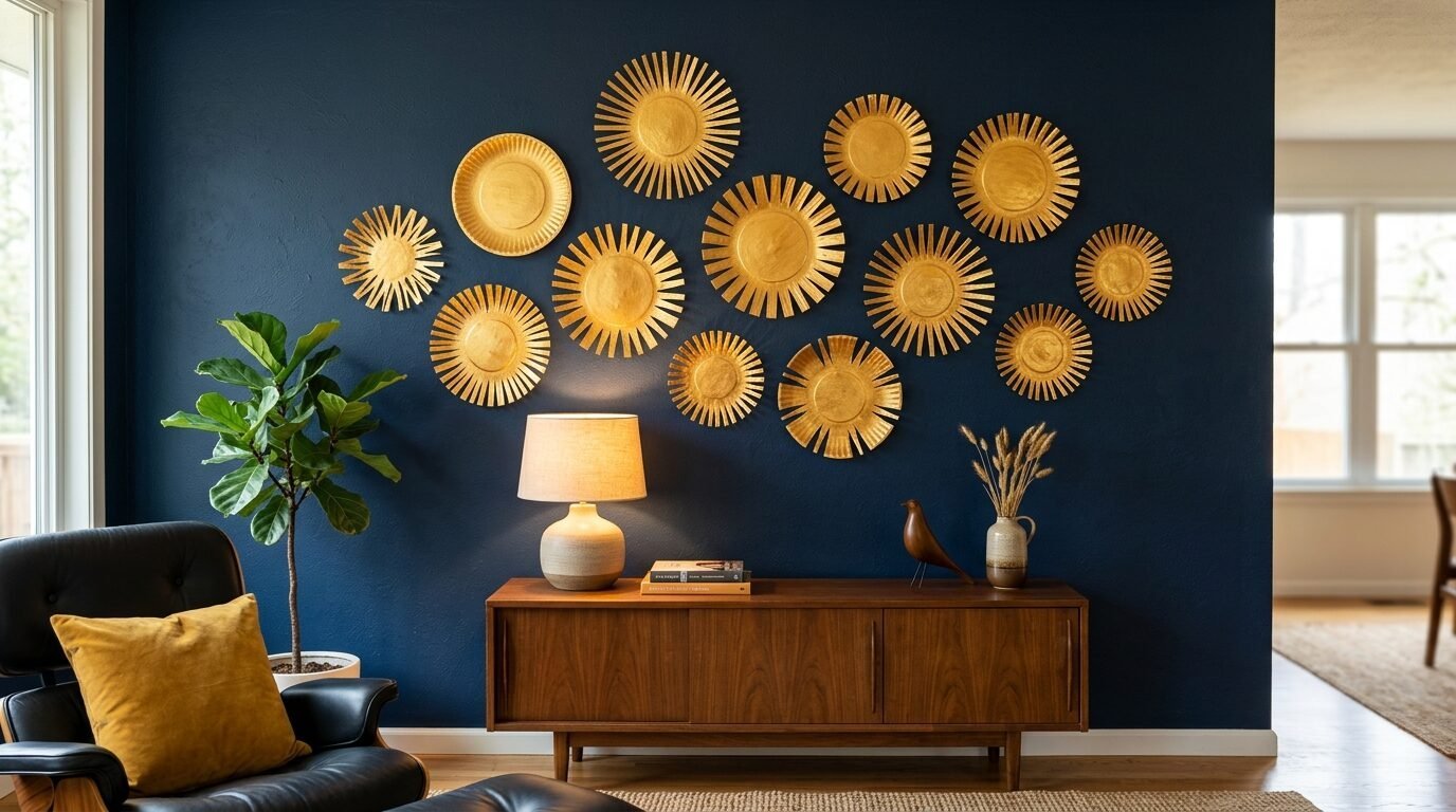 Decorative metallic gold sunburst discs hung in a cluster above a mid-century modern wooden sideboard.