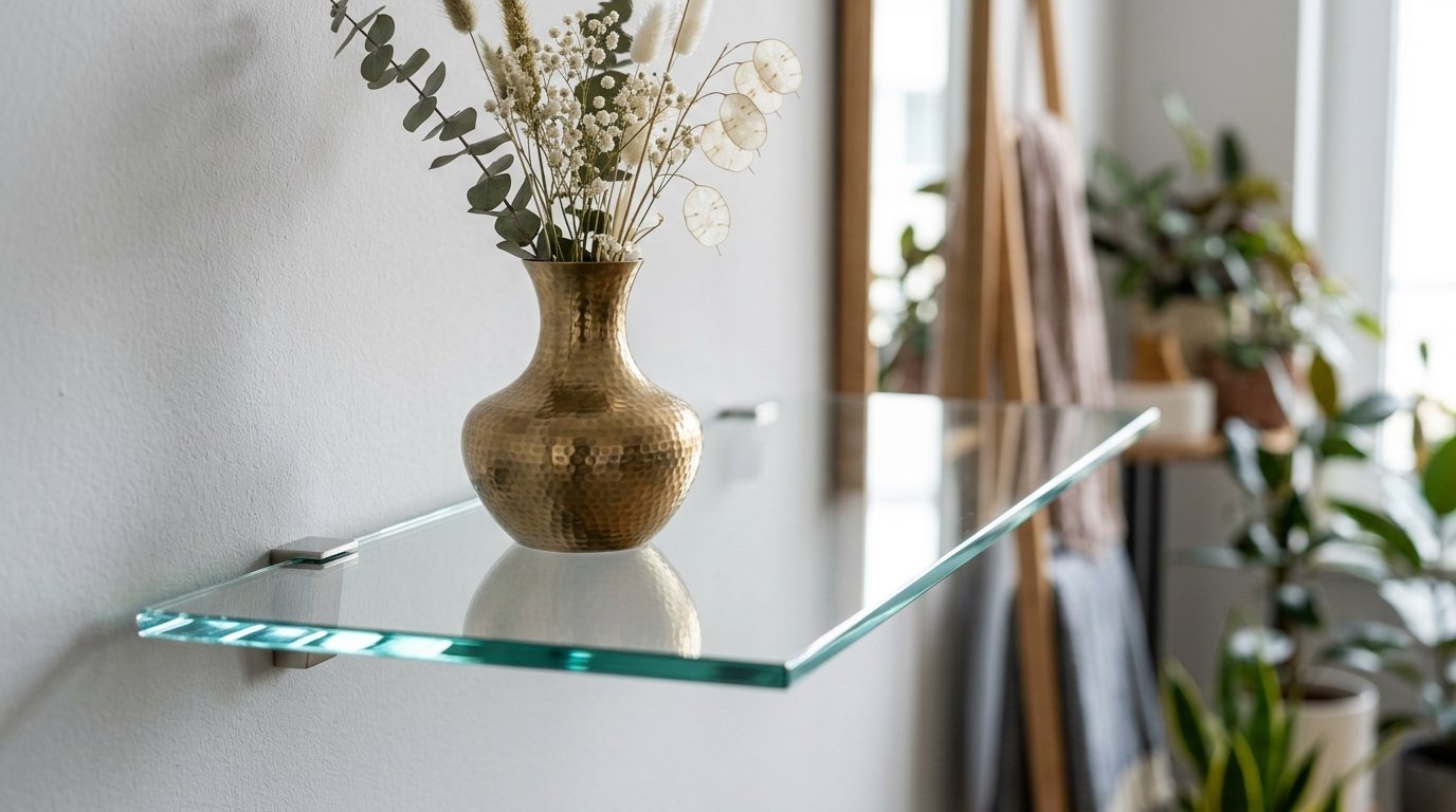 A metallic gold vase sits on a transparent glass floating shelf against a white wall.