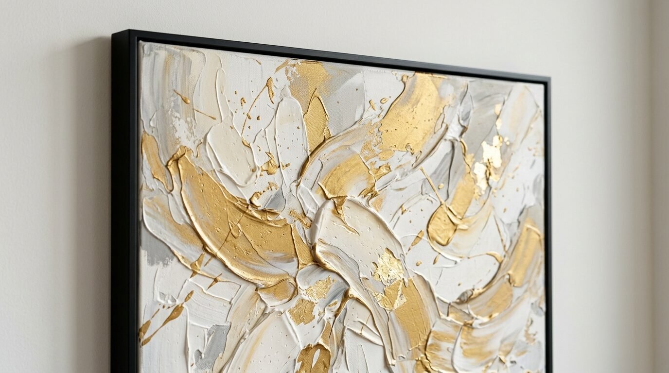 Close up of a framed painting featuring heavy textured impasto paint in metallic gold, grey, and off-white tones.