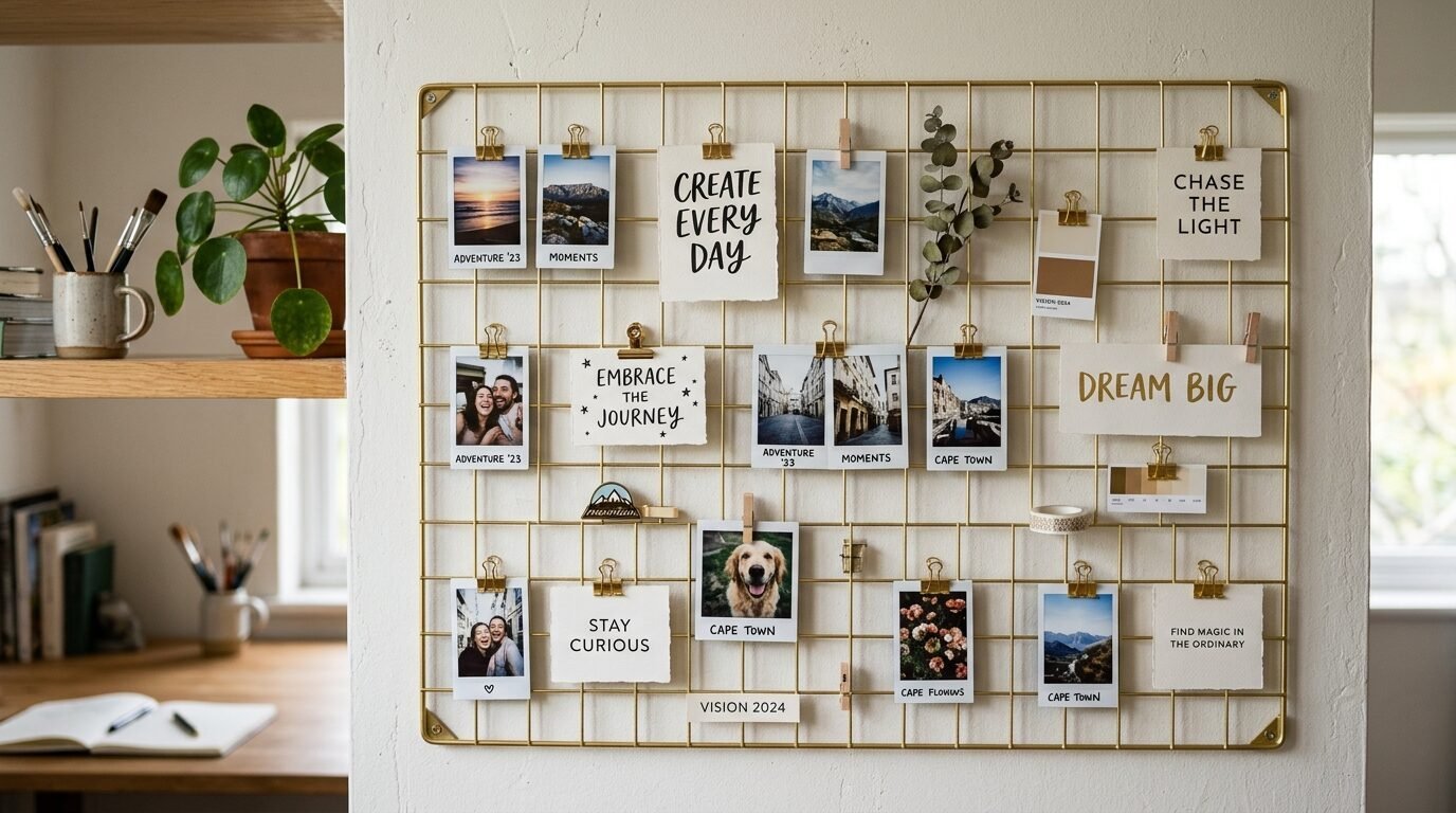 A gold wire grid wall organizer decorated with polaroid photos, inspirational quotes, and dried eucalyptus branches.