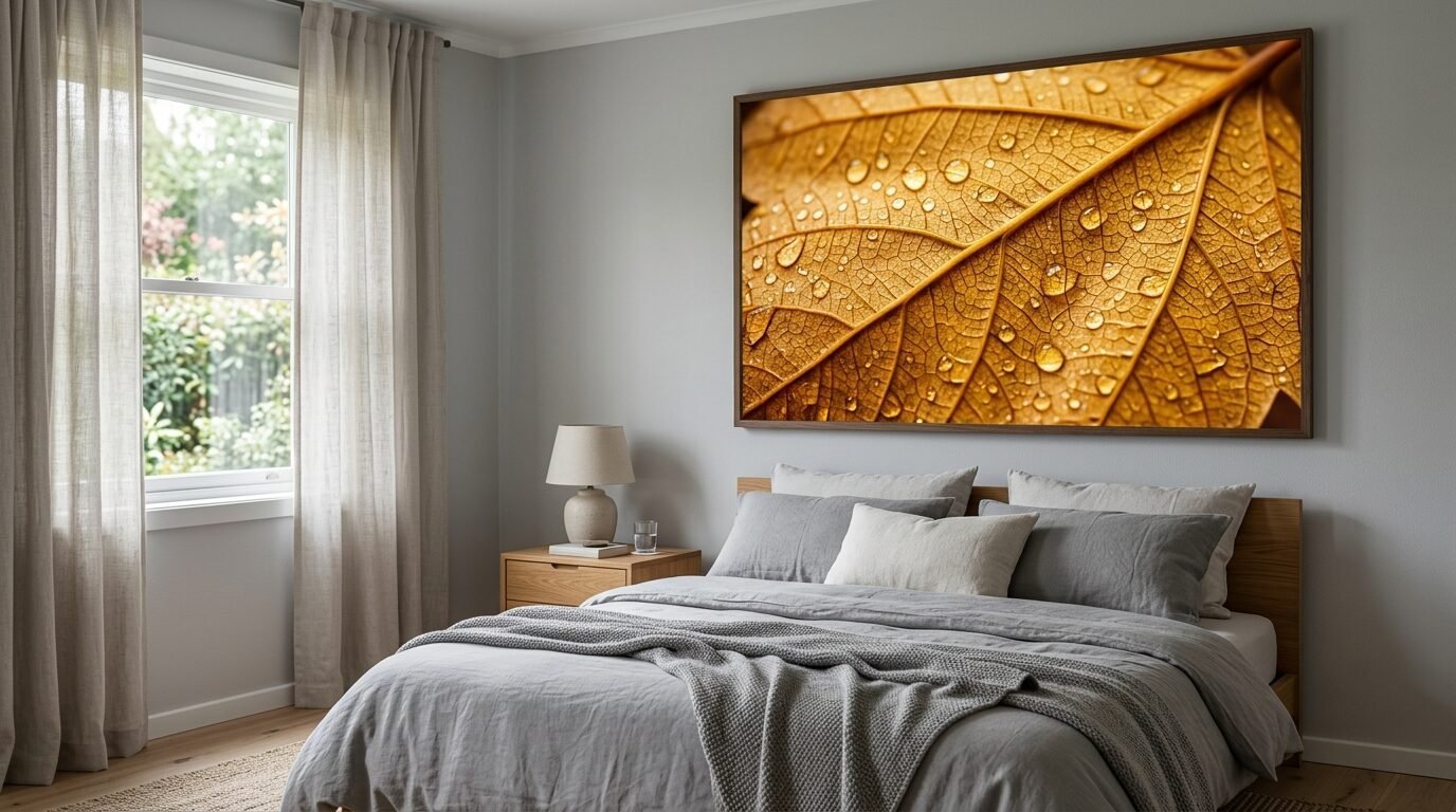 A bedroom wall featuring a large framed print of a yellow leaf covered in water droplets hanging over a grey bed.